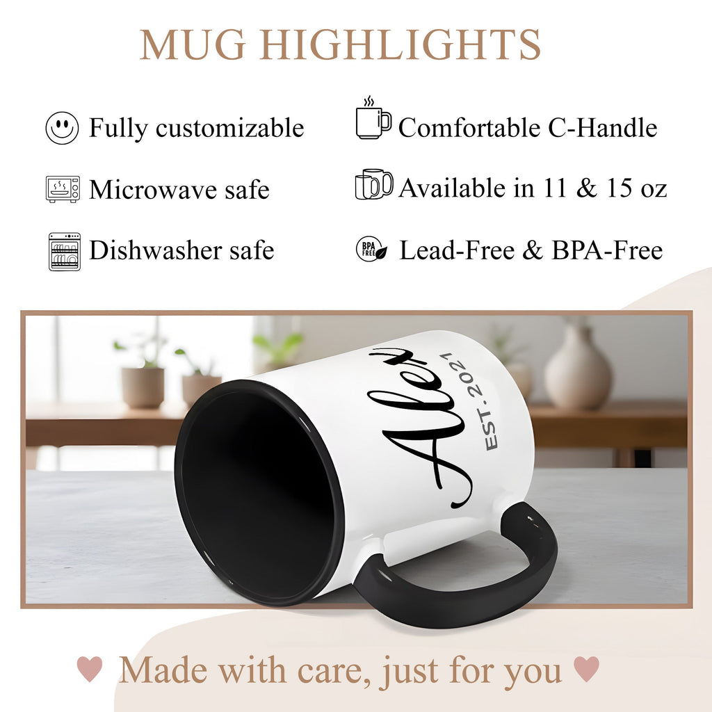 Personalized Name Mug – Custom Established Year Coffee Cup – Minimalist Custom Gift – 11oz 15oz Ringer Mug | Mug 148